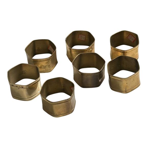 Vintage Solid Brass Made in India Hexagon Napkin Rings Set of 7 - Picture 1 of 5